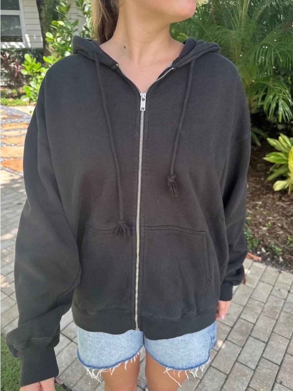 Brandy Melville Christy Oversized Zip Up Hoodie Faded Black